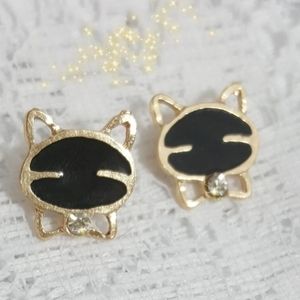 Black Cat Post Earrings Gold Tone Sparkle Studs